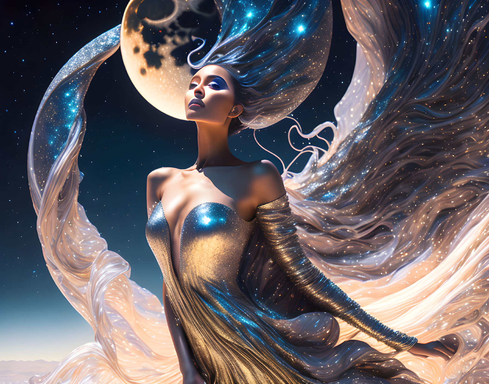 Surreal image: Woman merged with cosmic elements and galaxy hair
