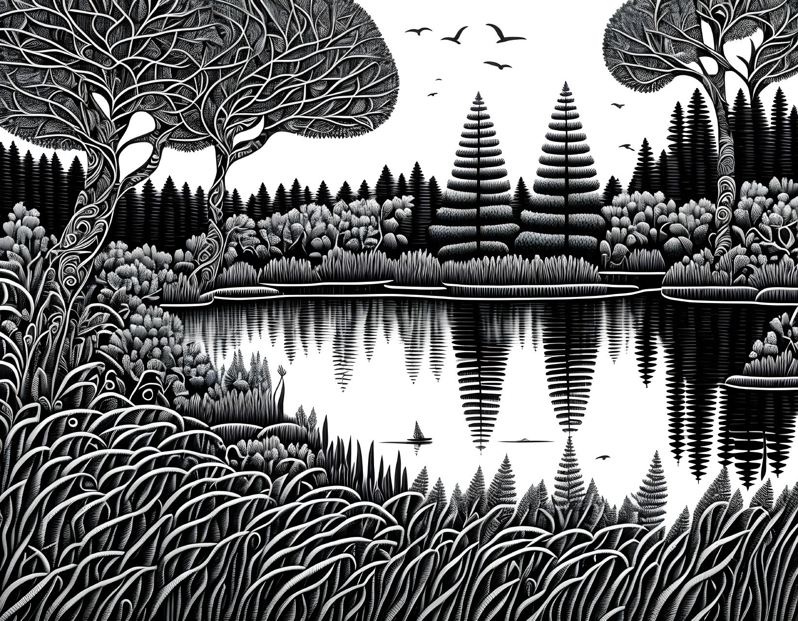 Monochromatic serene landscape with reflective lake and intricate trees
