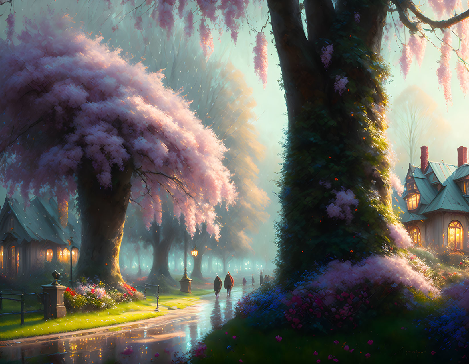 Tranquil Cherry Blossom Landscape with Cobblestone Path