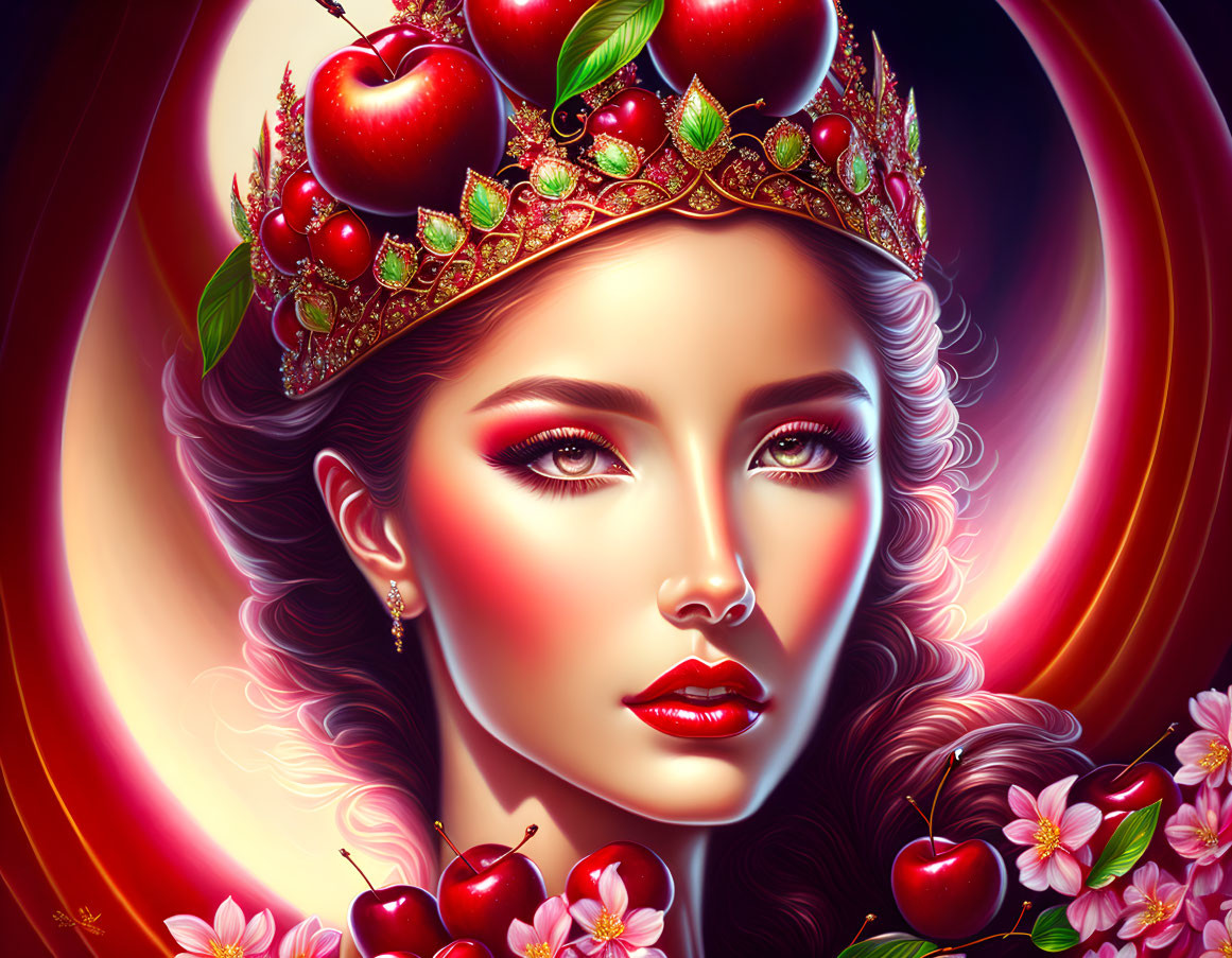 Digital portrait of a woman with crown, apples, flowers, and vibrant makeup