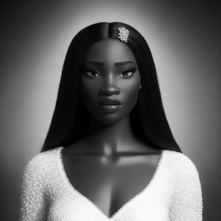 Monochrome portrait of woman with sleek hair and beaded V-neck dress