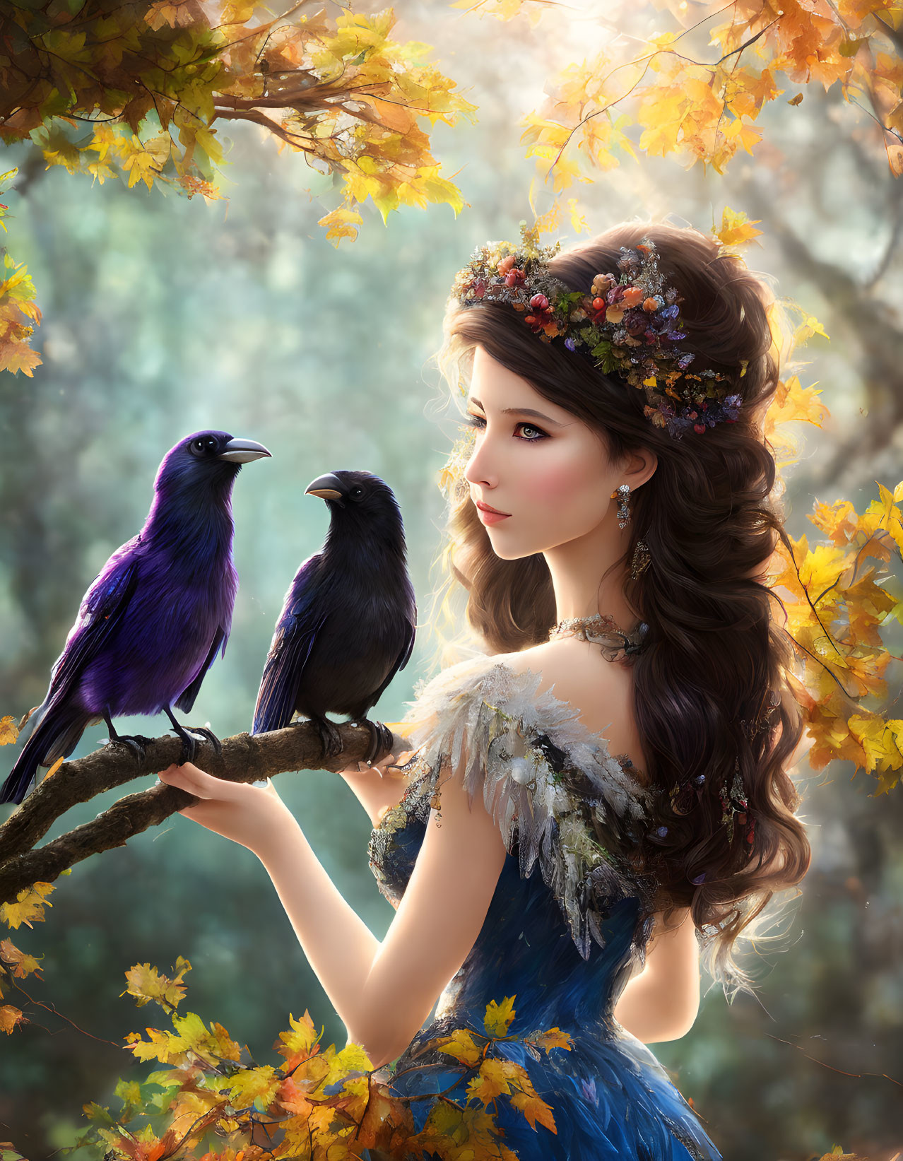 Woman in Blue Dress with Floral Crown Holding Branch with Ravens in Autumnal Setting