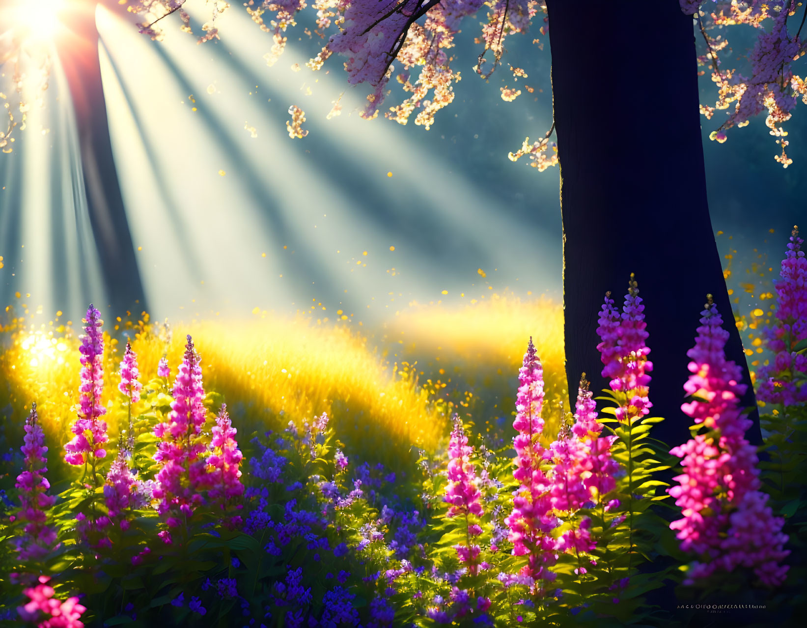 Sunlight through tree onto vibrant purple flower field in enchanted forest