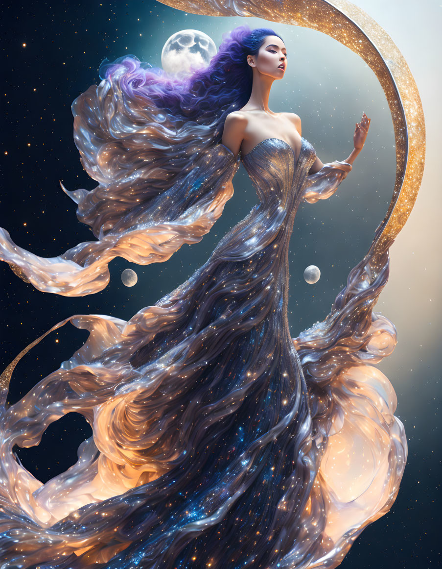 Celestial woman with galaxy hair and gown in crescent moon frame