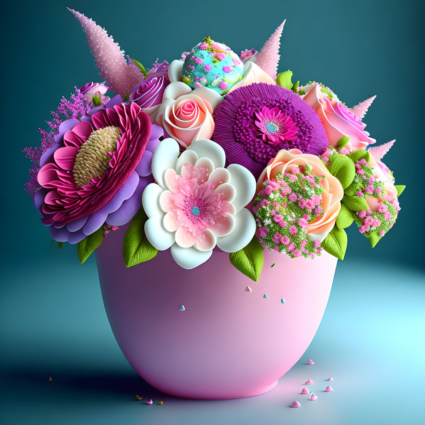 Colorful Digital Illustration of Pink, Purple, and Green Bouquet in Pink Vase