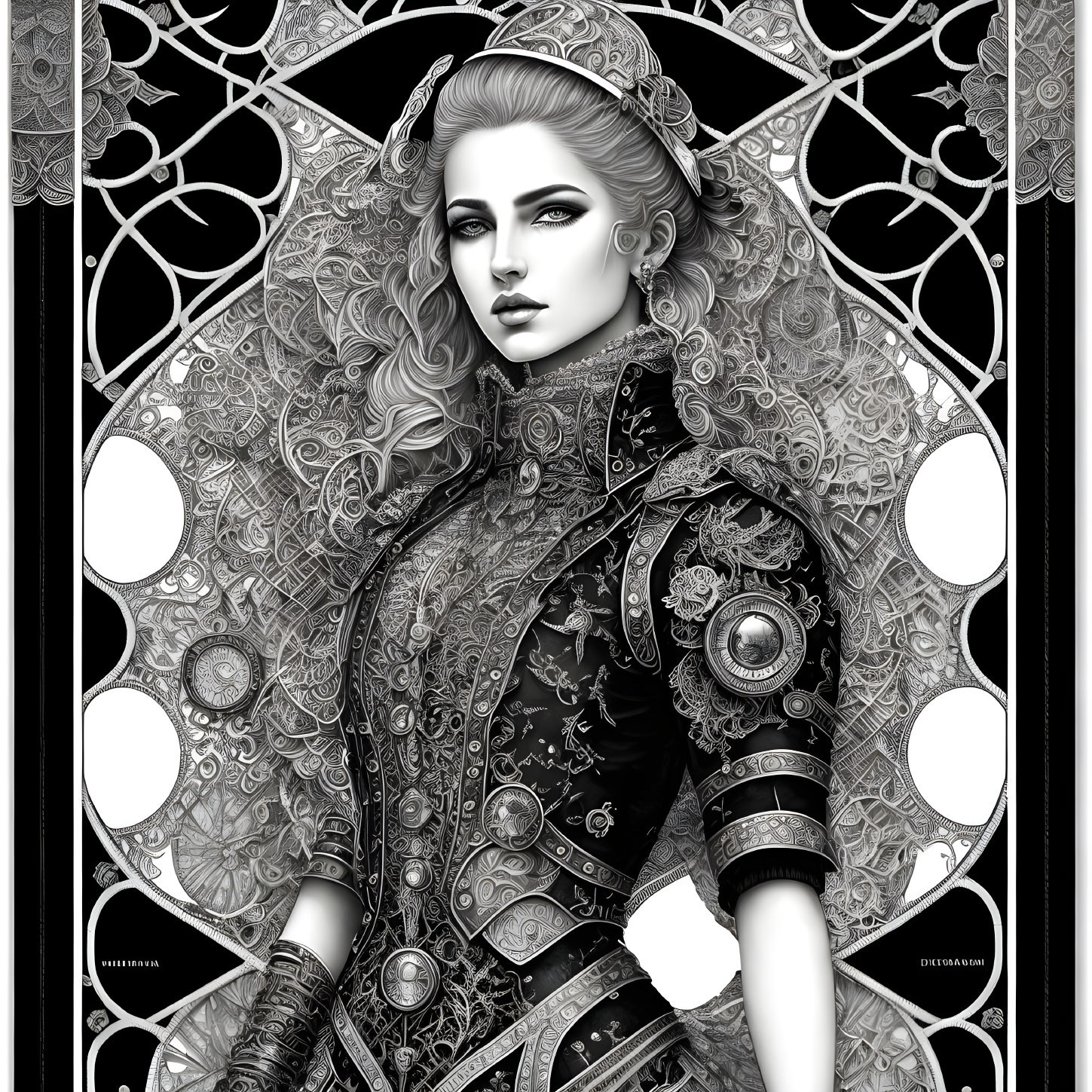 Monochrome artwork featuring woman in Victorian attire with lace patterns and geometric background
