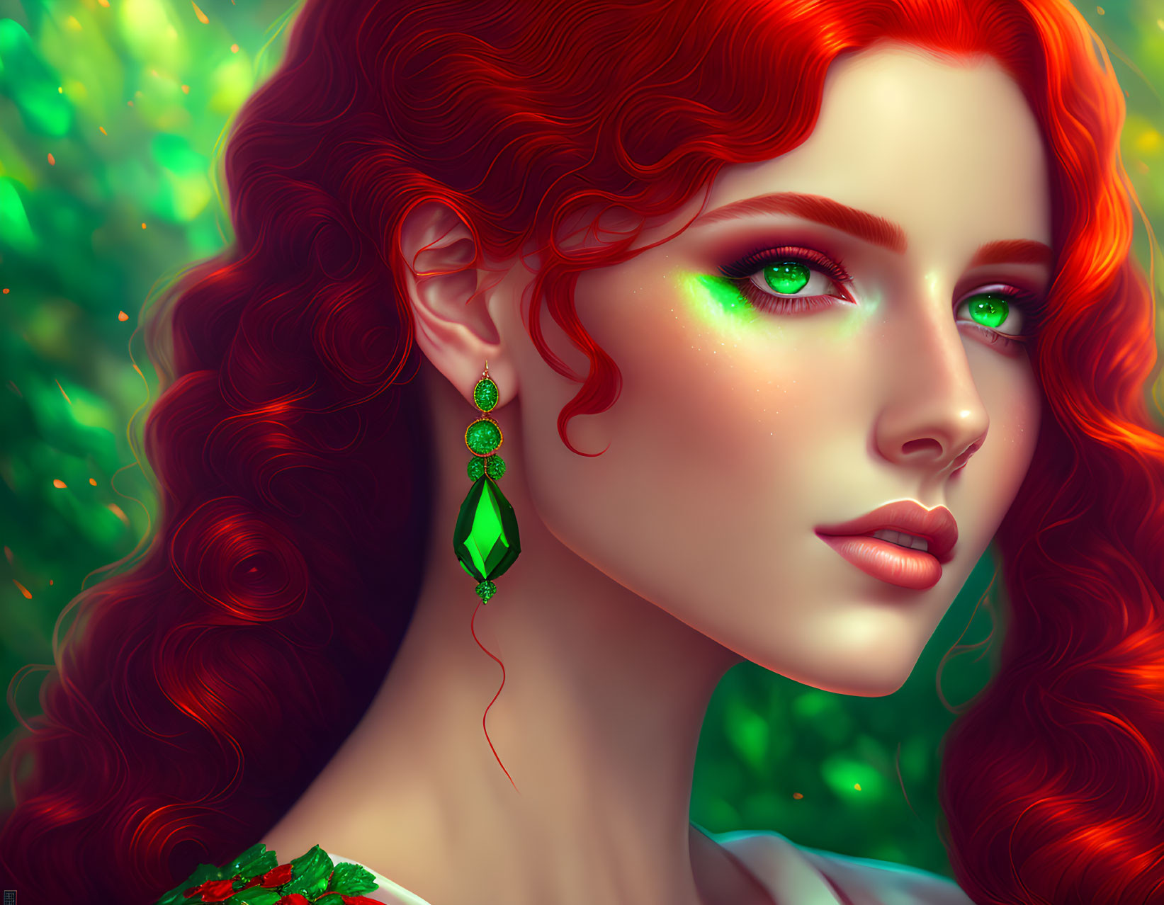 Vibrant red-haired woman with green eyes and earrings in lush greenery