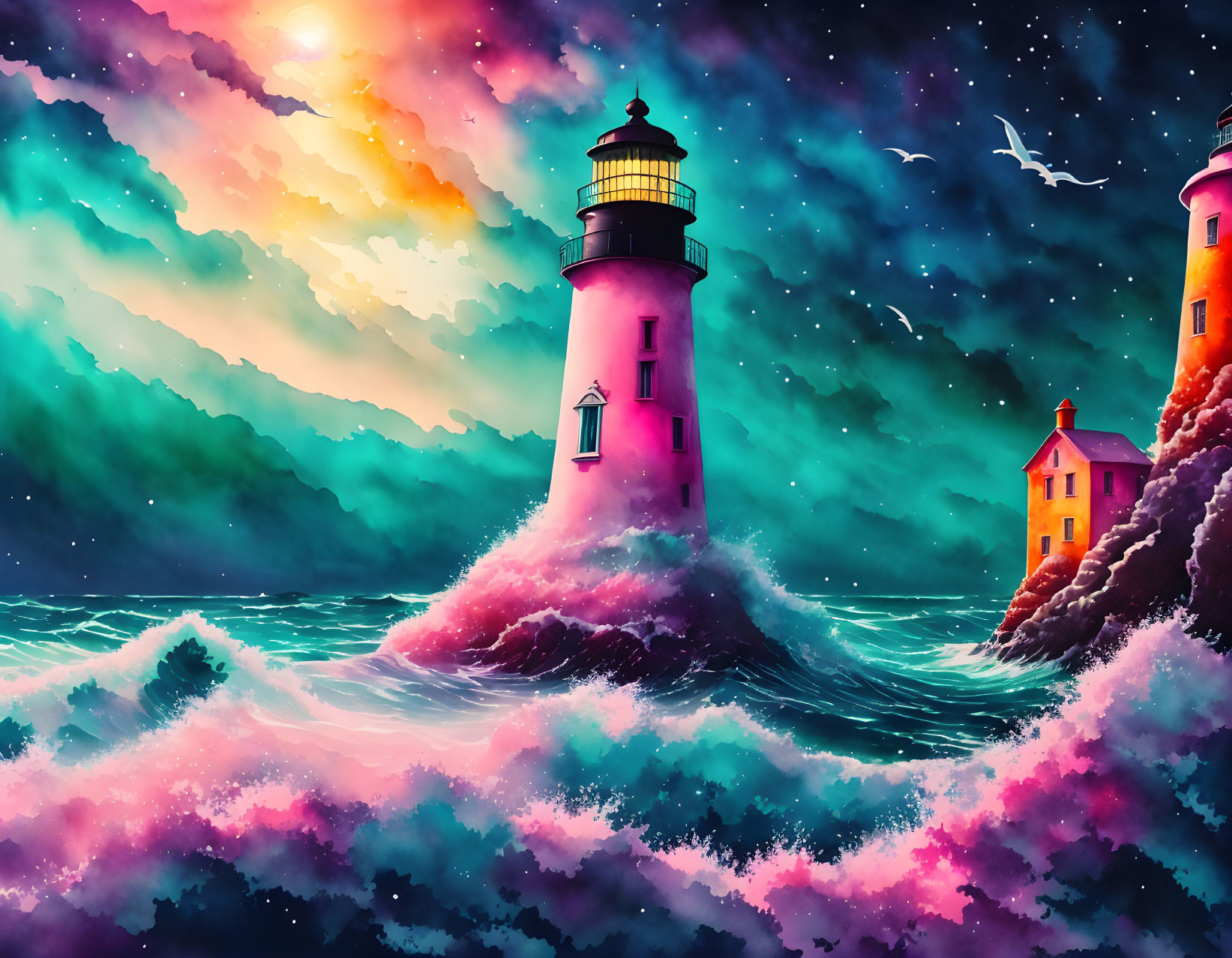 Vibrant digital art: lighthouse on rocky outcrop in tumultuous sea under colorful sunset sky