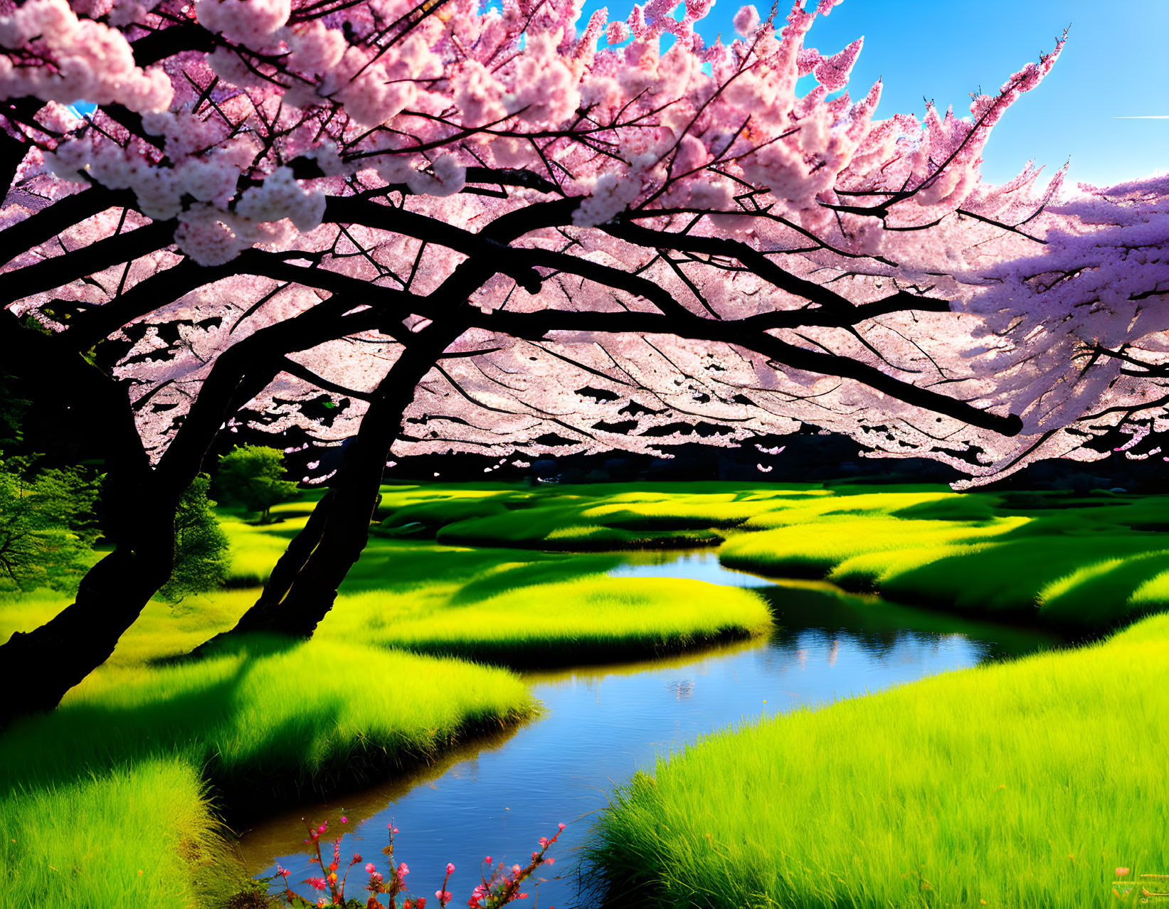 Serene river scene with vibrant cherry blossoms