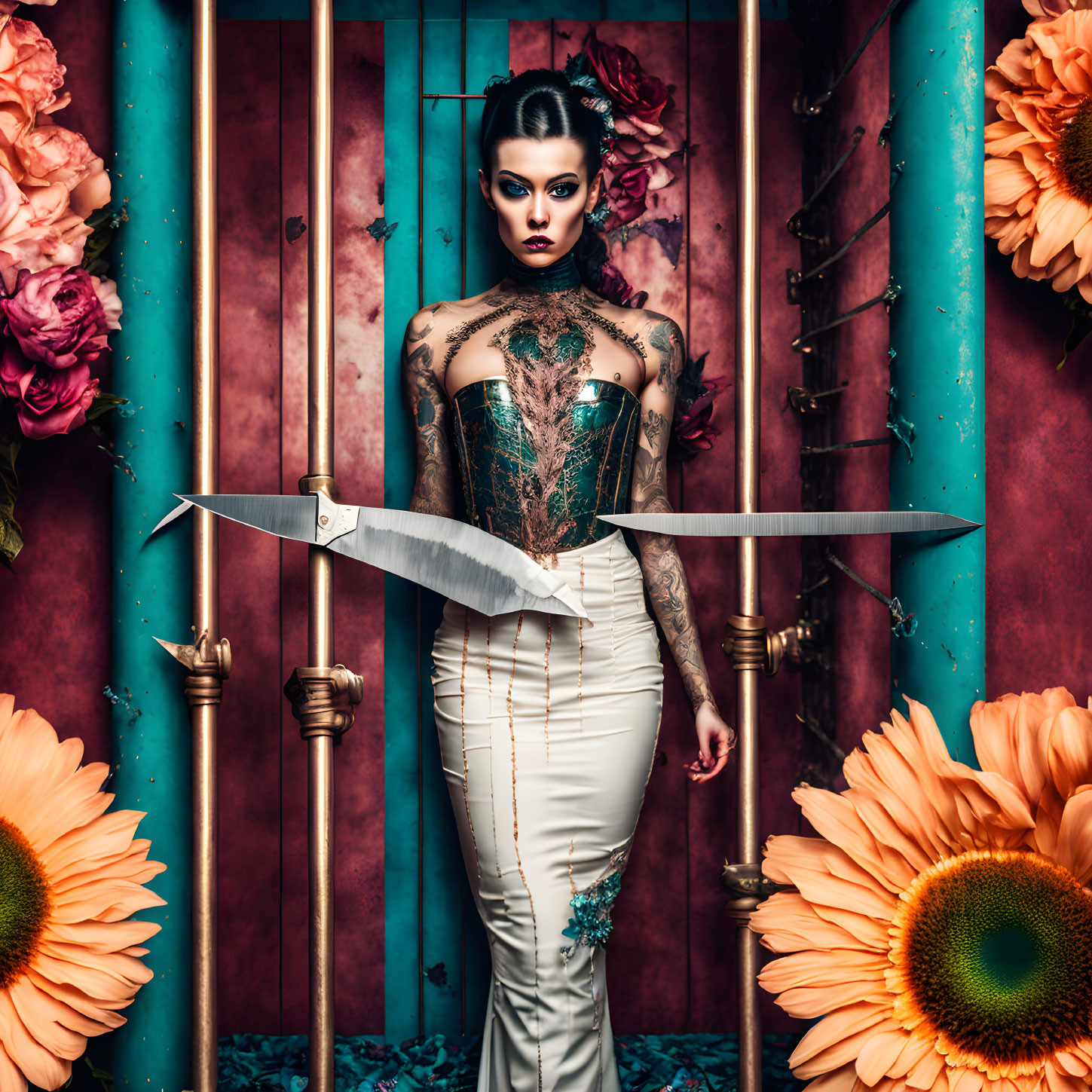 Elaborately made-up woman with sword and sunflowers on teal-patterned backdrop
