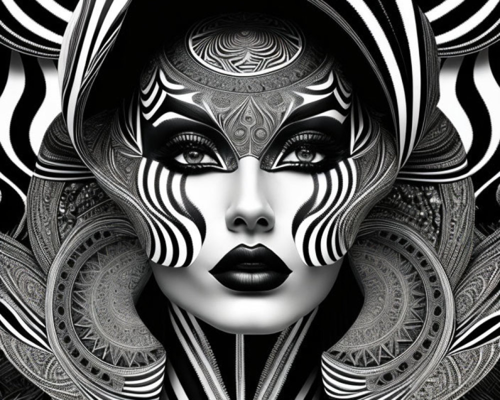Monochrome digital artwork of stylized female face with intricate patterns and optical illusions.