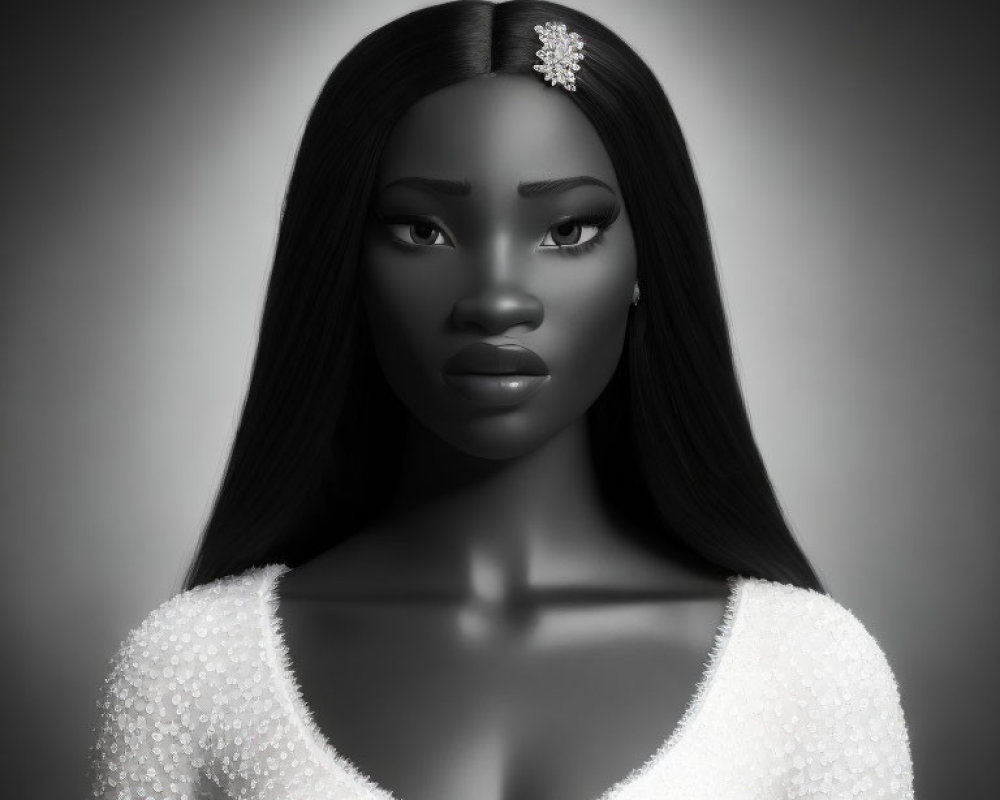 Monochrome portrait of woman with sleek hair and beaded V-neck dress