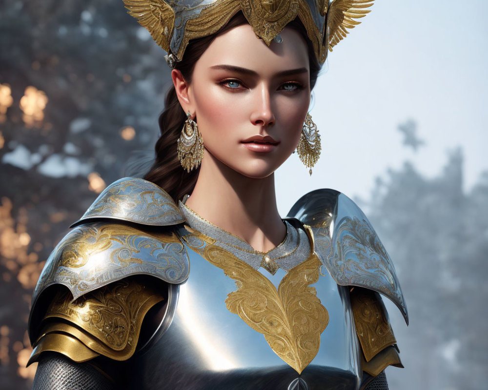 Medieval armor-clad woman in gold and silver helmet against forest backdrop