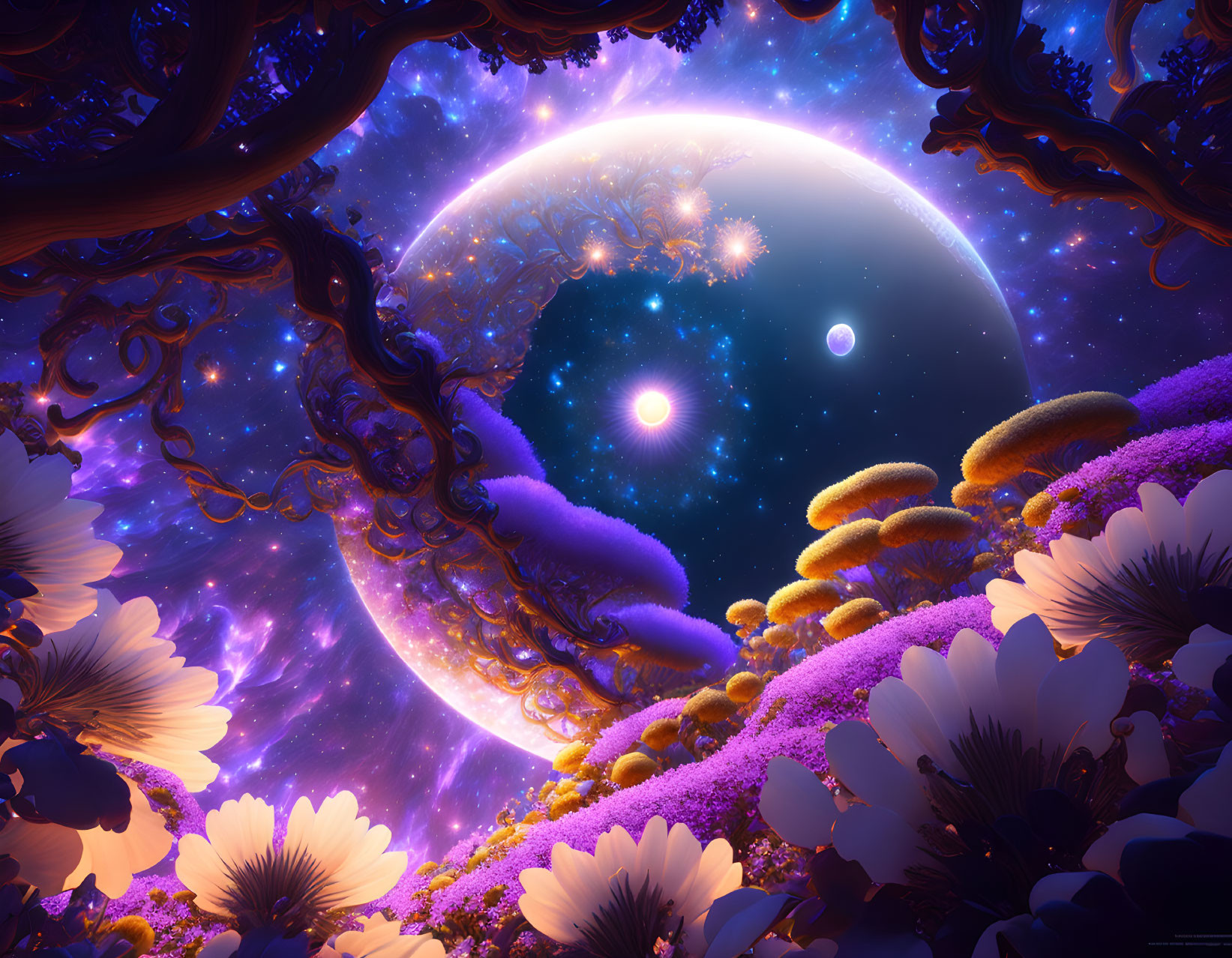 Vibrant fantasy landscape with large moon and purple flora