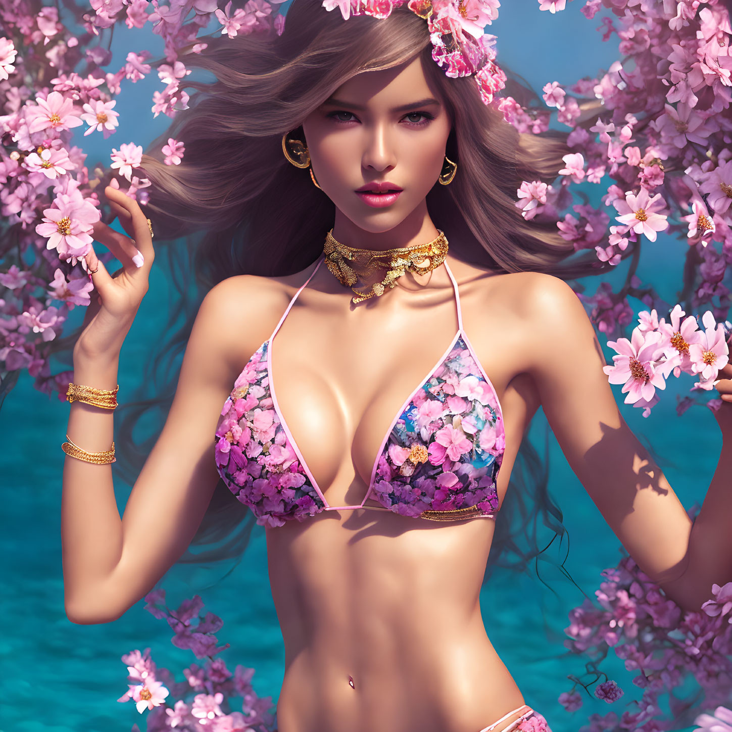 Digital artwork: Woman with cherry blossom hair, floral bikini, gold jewelry, in aquatic setting