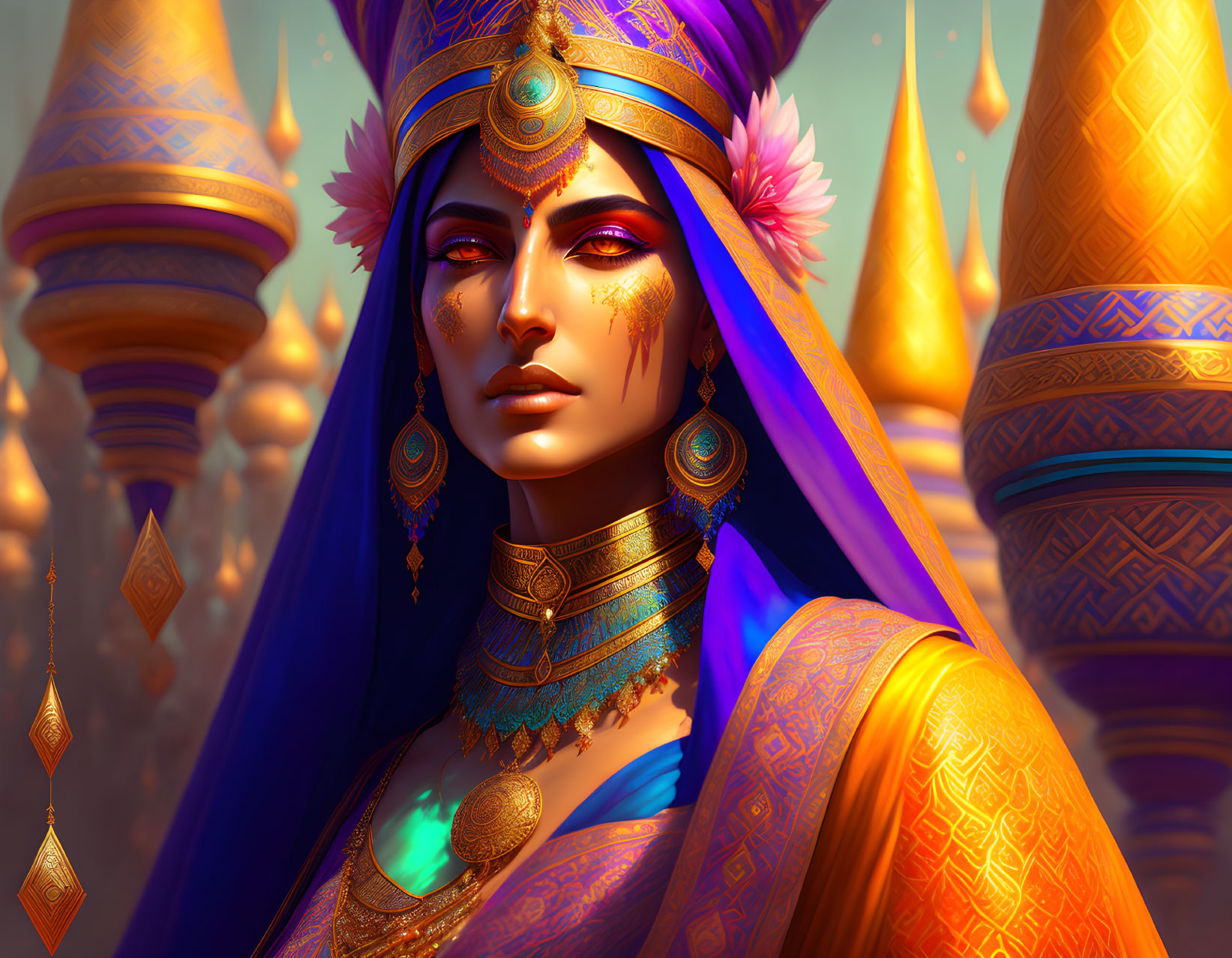 Regal woman in blue and gold sari with headpiece and earrings against golden towers