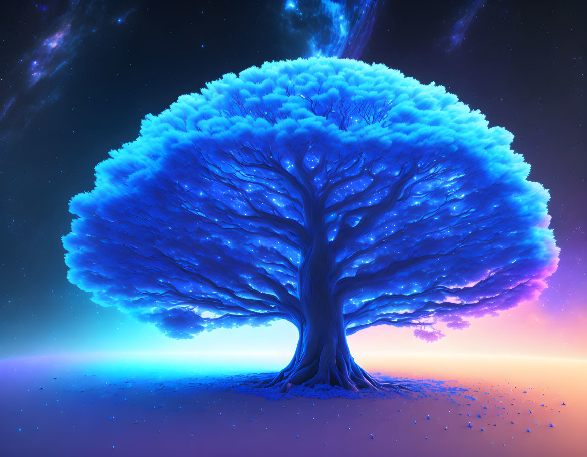 Vibrant digital artwork of massive tree with glowing blue foliage under starry sky