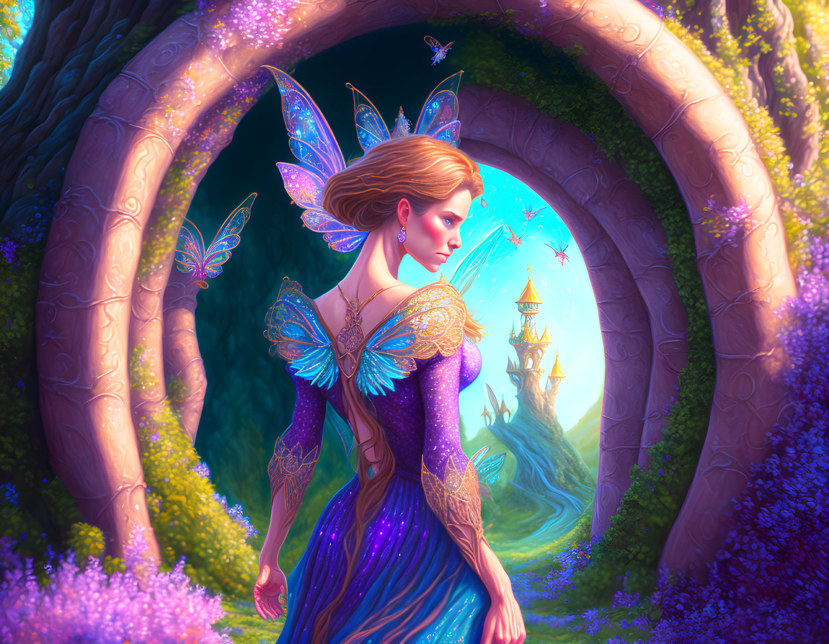 Delicate fairy with wings in magical archway gazes at distant castle