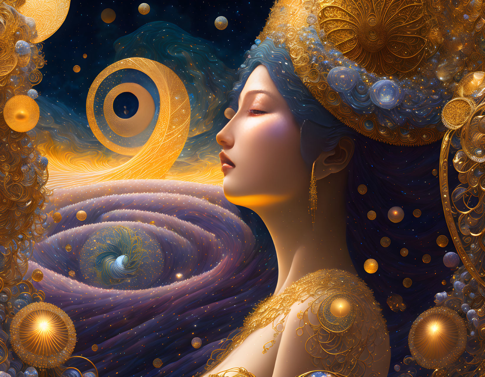 Blue-skinned woman merges with cosmic scenery of galaxies and gold accents.