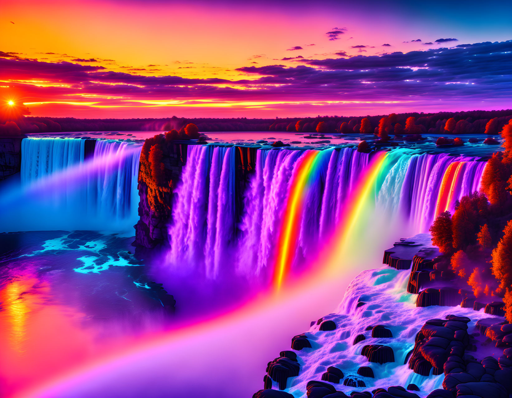 Colorful sunset over waterfall with rainbow hues merging into cascading water