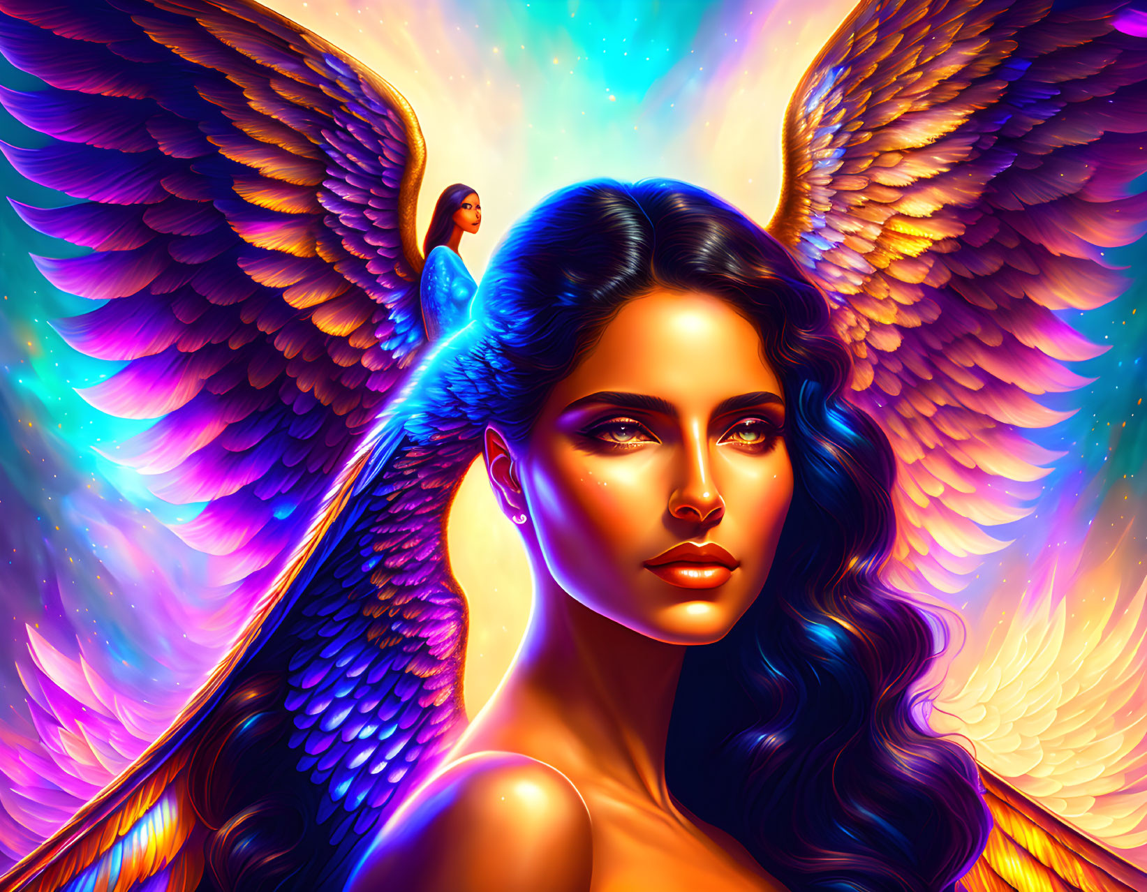 Digital art: Woman with blue angel wings in fiery glow, small figure on wing