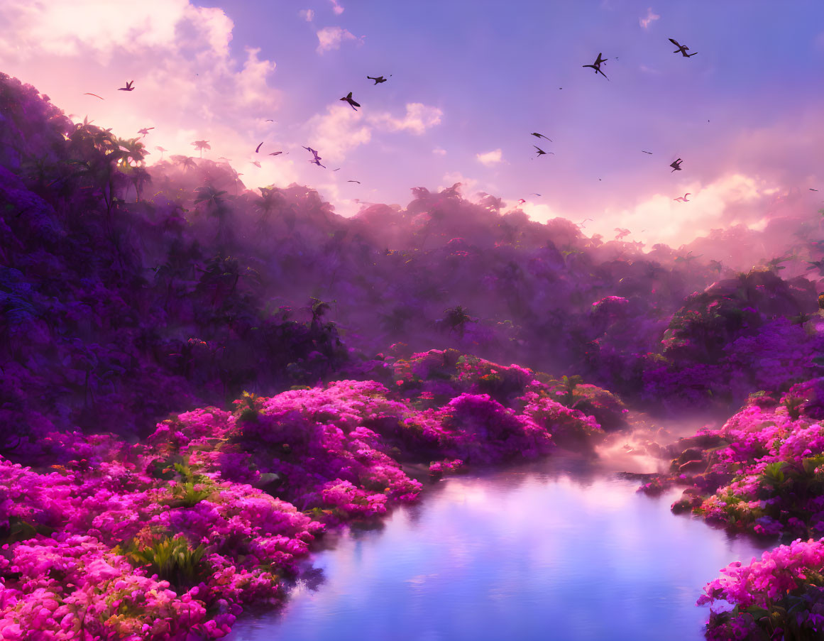 Tranquil landscape with blue lake, pink flora, and purple sky