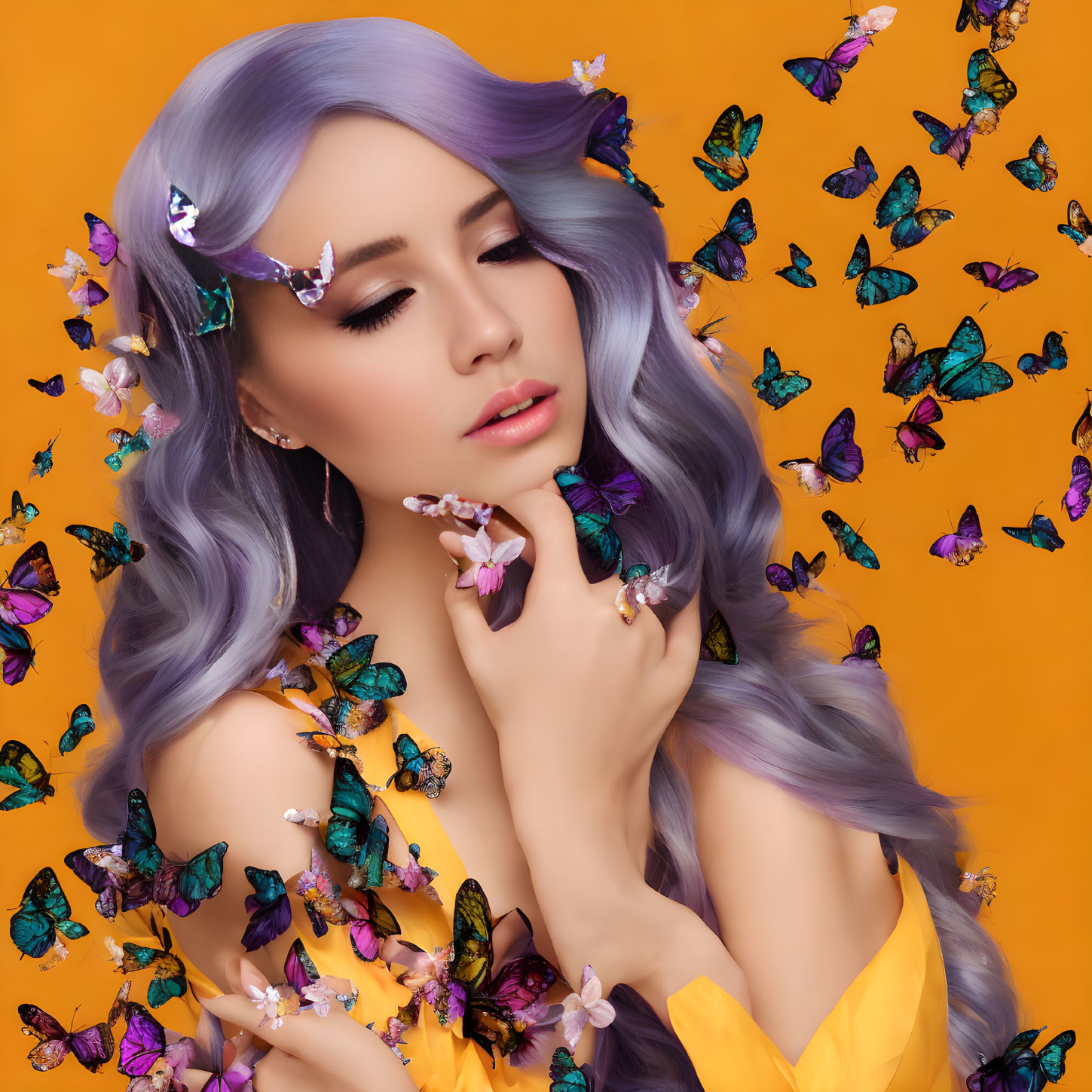 Lilac-haired woman with butterflies on yellow background