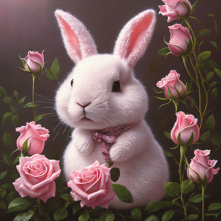 White Rabbit with Pink Bow Tie Surrounded by Pink Roses on Dark Background