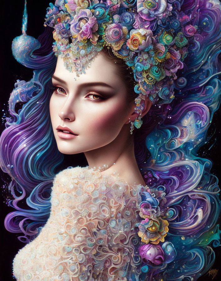 Fantasy-themed portrait of a woman with floral headdress and purple hair