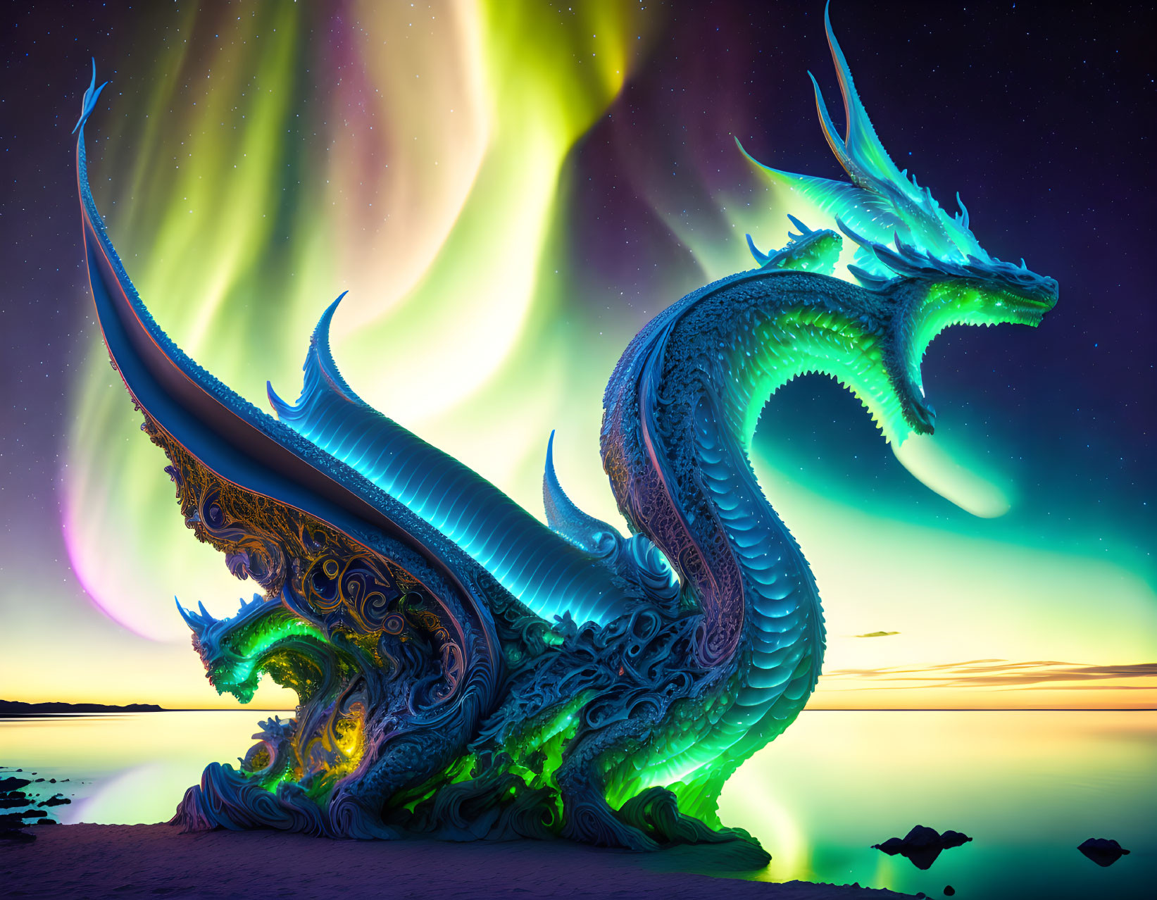 Intricate Blue Dragon under Vibrant Aurora Borealis
