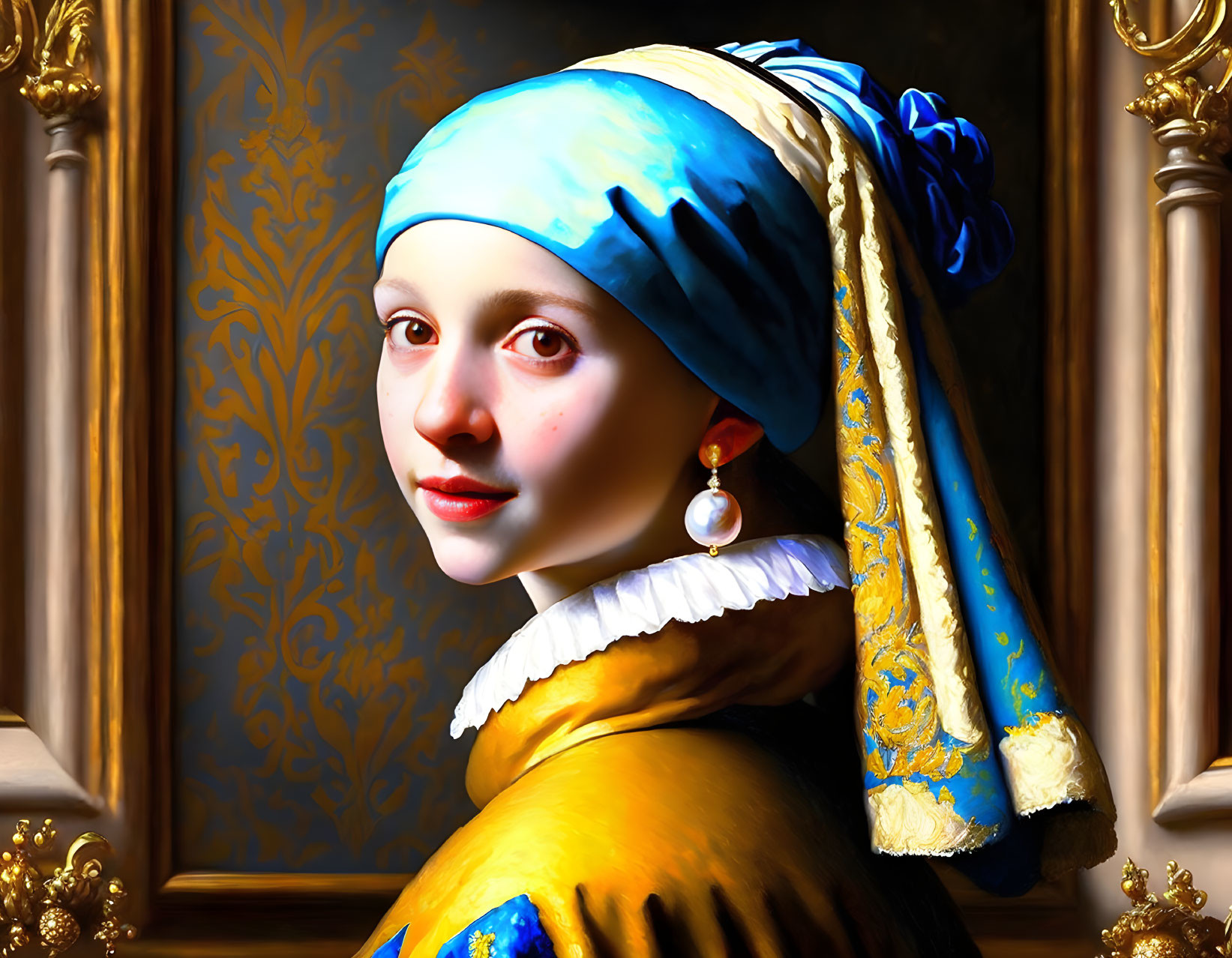 Digital art: Young woman with blue headscarf and pearl earring.