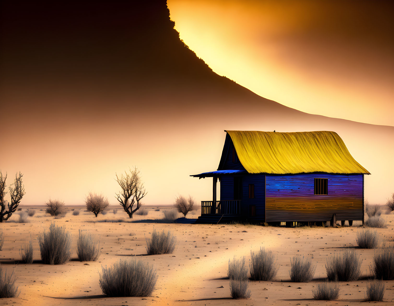 Isolated Vibrant Blue and Yellow House in Desert Landscape