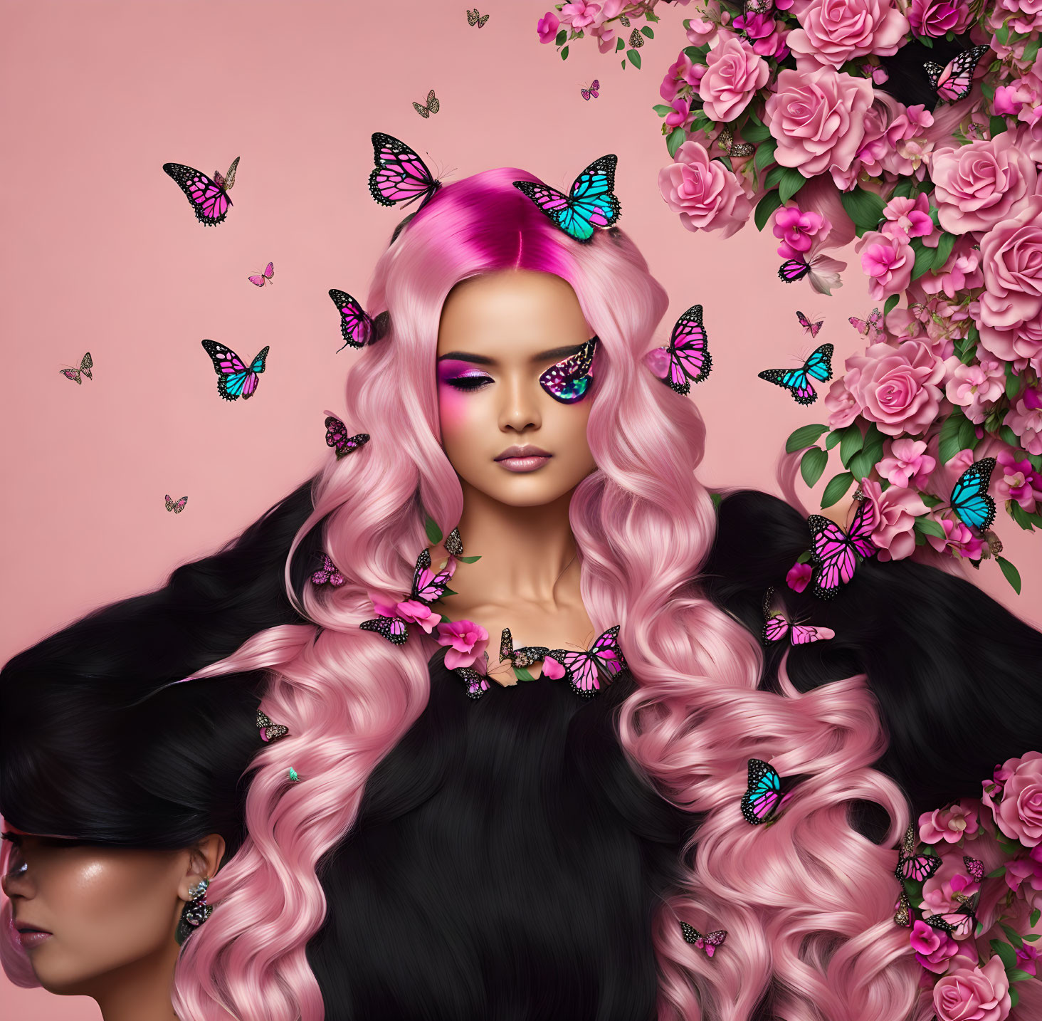 Digital artwork: Person with long pink hair, butterflies, and roses on pink background
