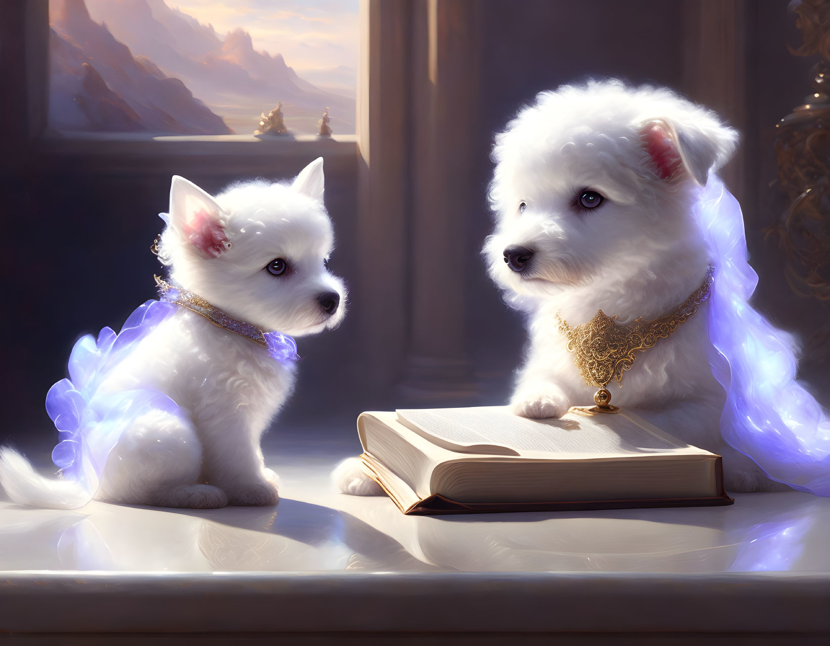 Fluffy white puppies with fantasy elements in majestic setting