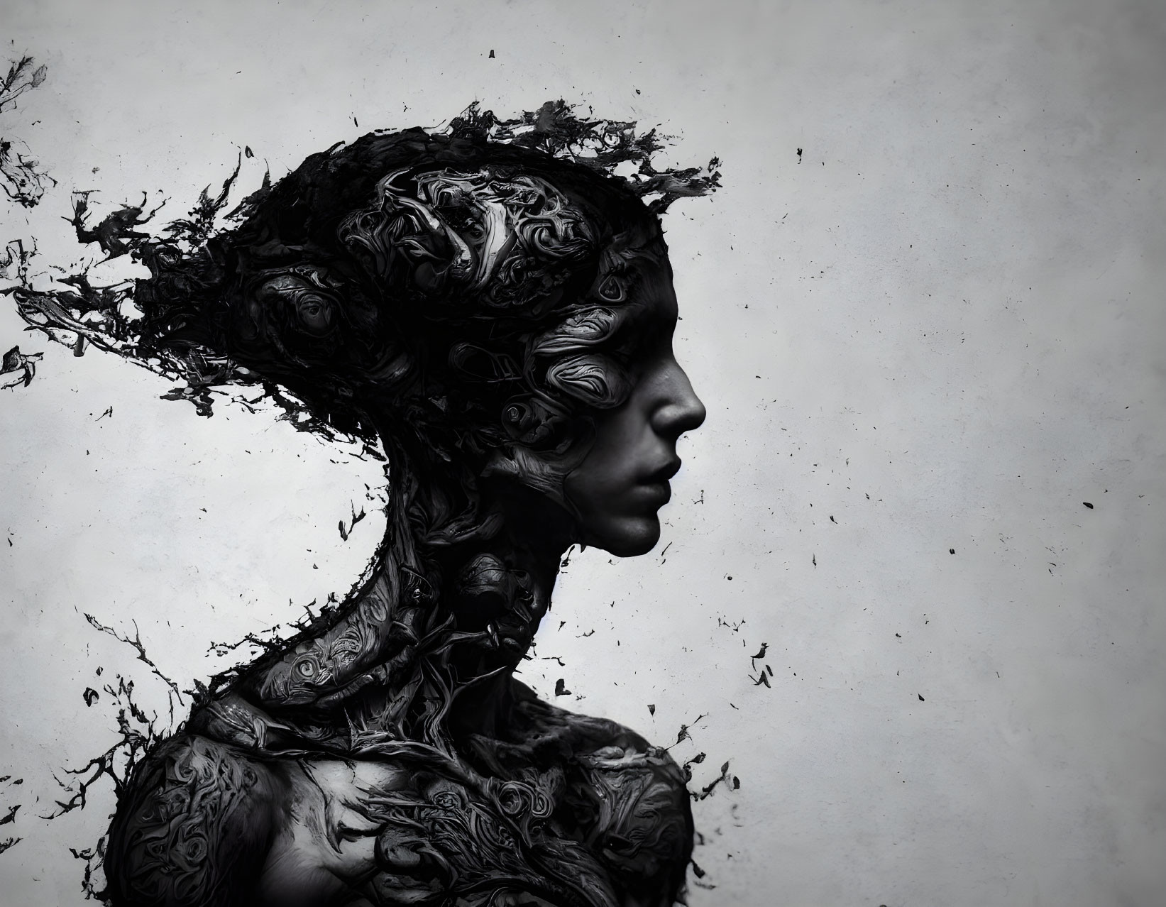 Monochrome artistic illustration of person with erosion-like textures