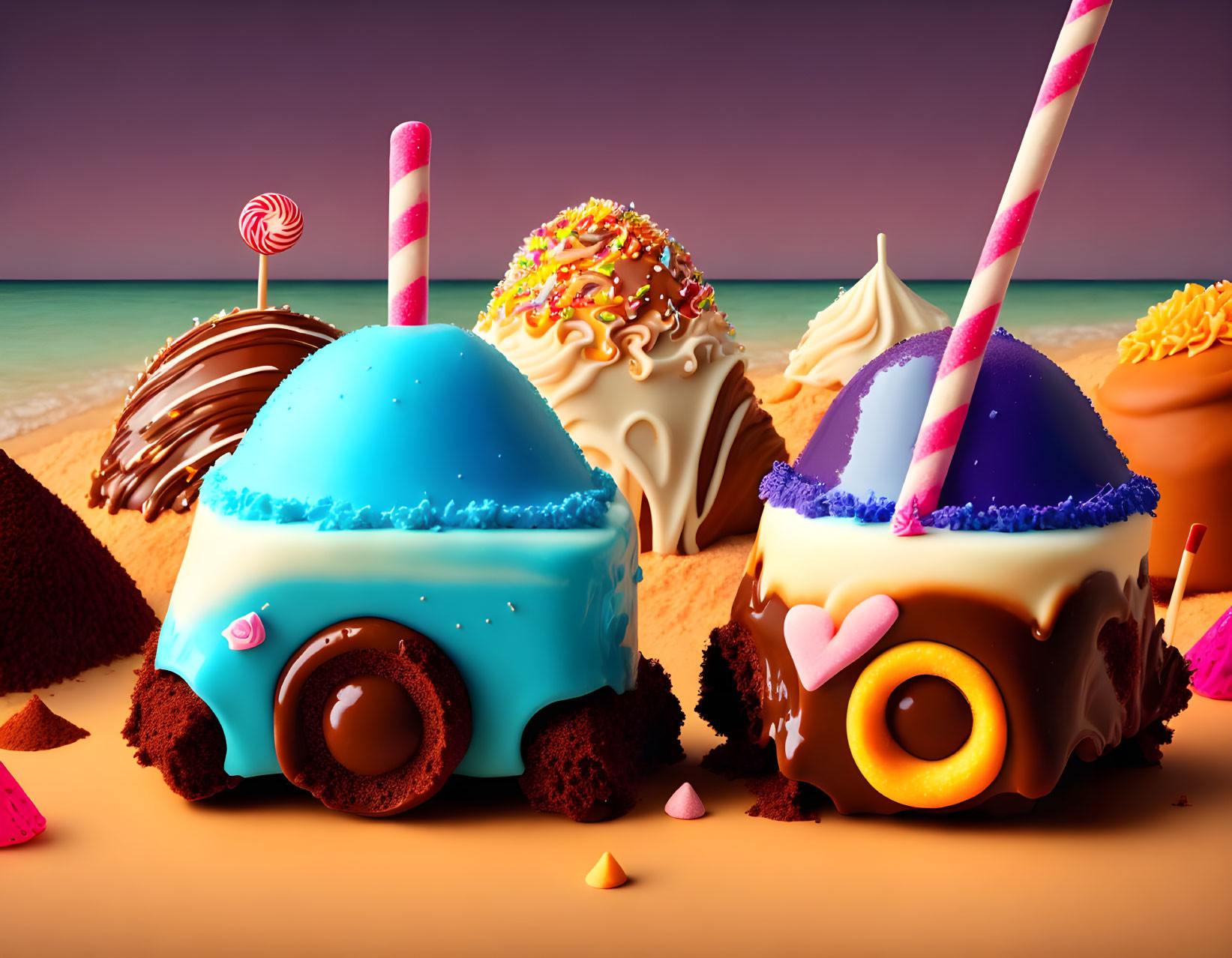 Whimsical ice cream cars on beach with candy elements