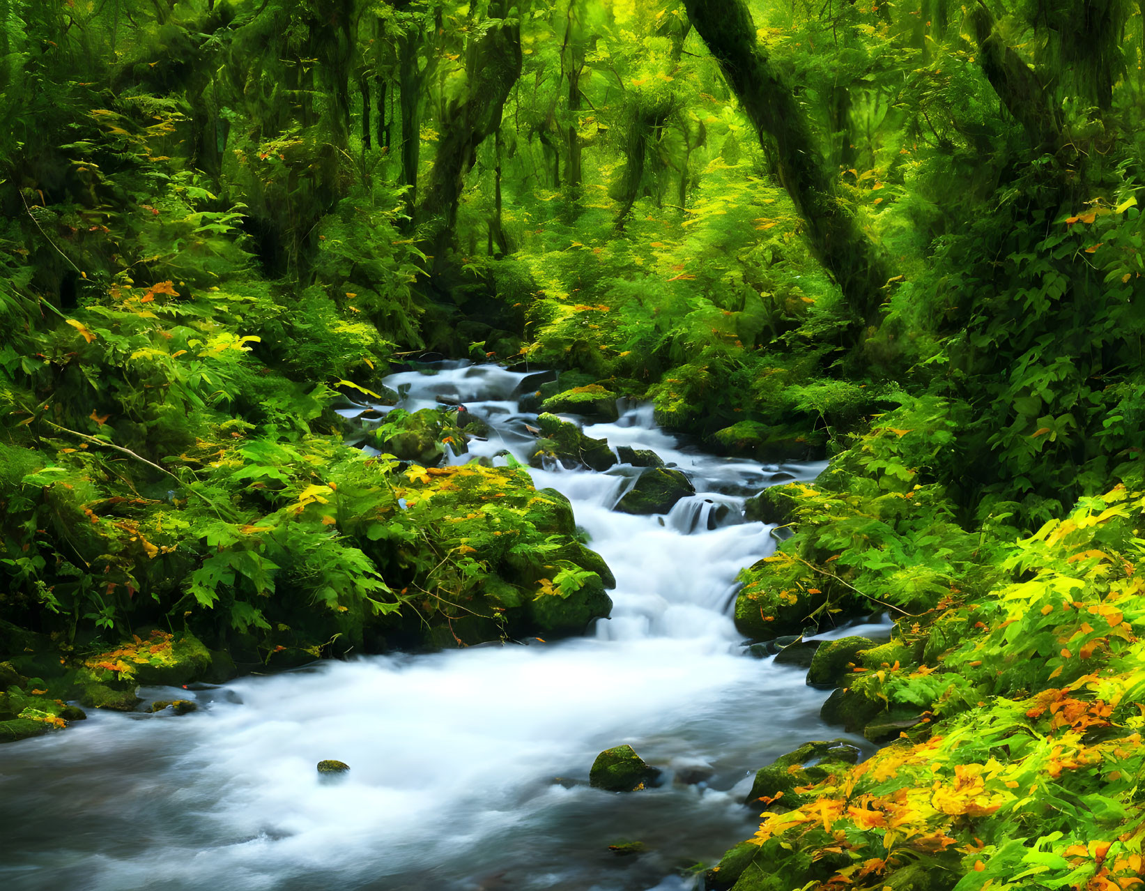 Tranquil stream flowing through lush green forest