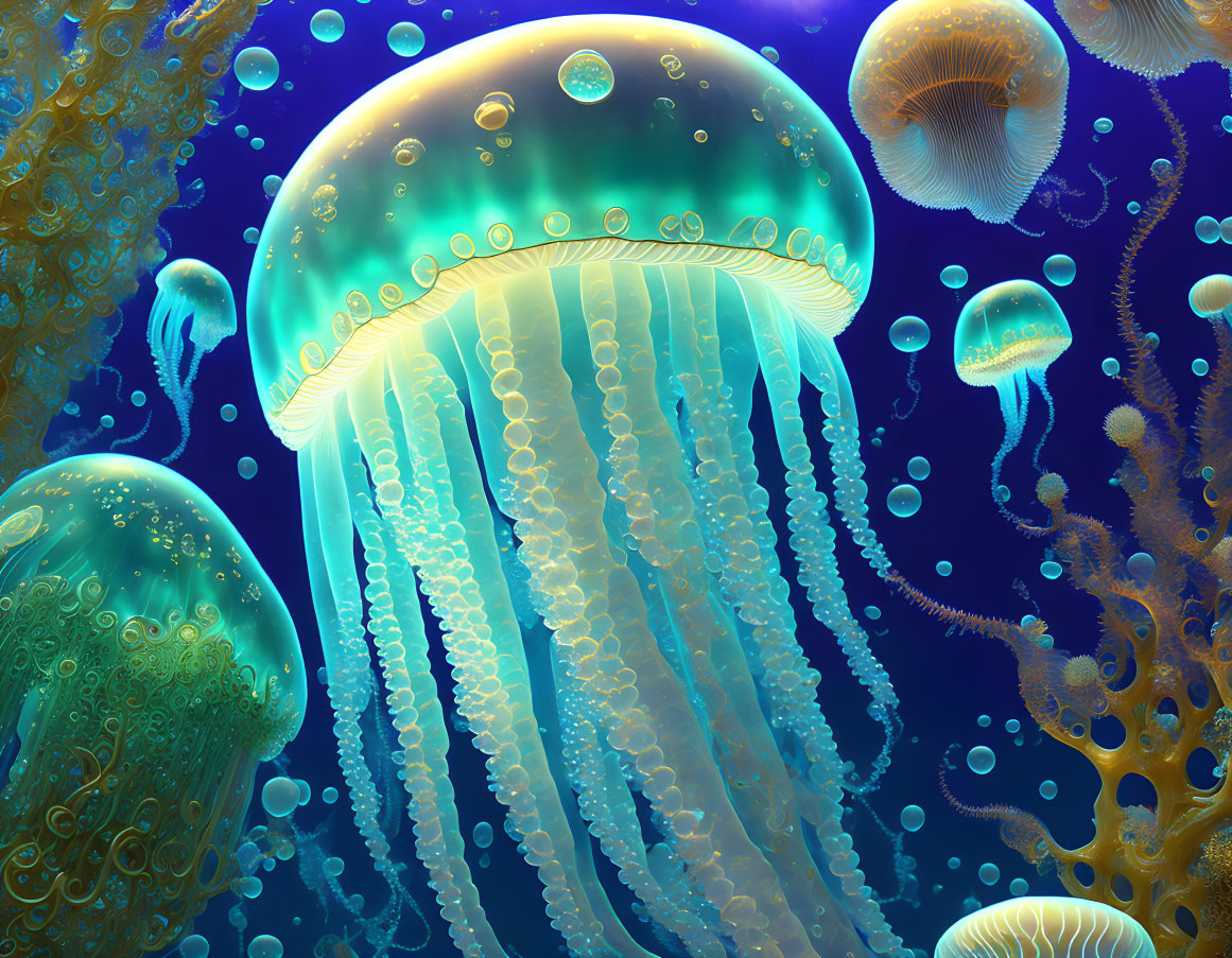 Illuminated jellyfish in vibrant blue underwater scene