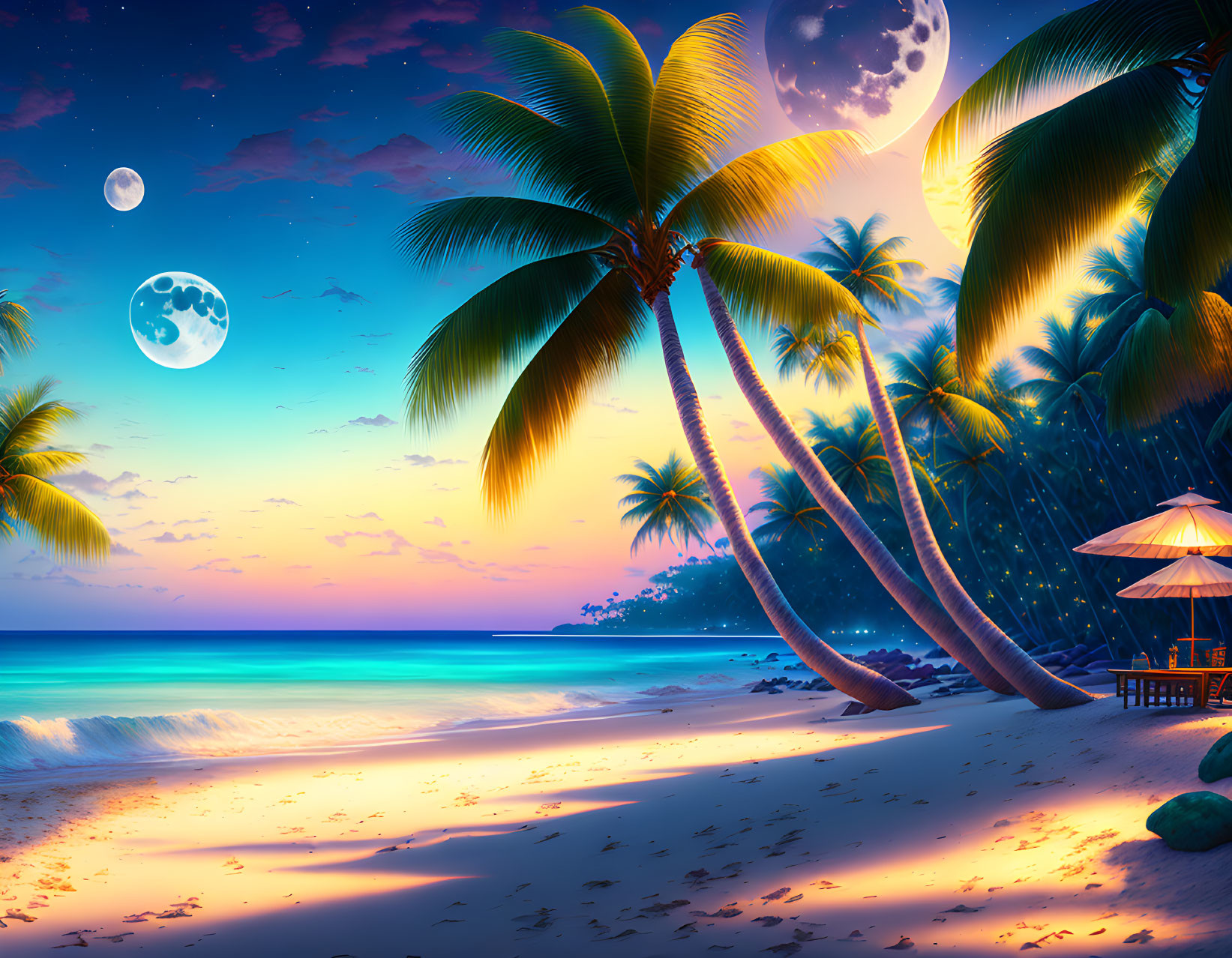 Colorful Dusk Beachscape with Palm Trees, Hut, and Moons