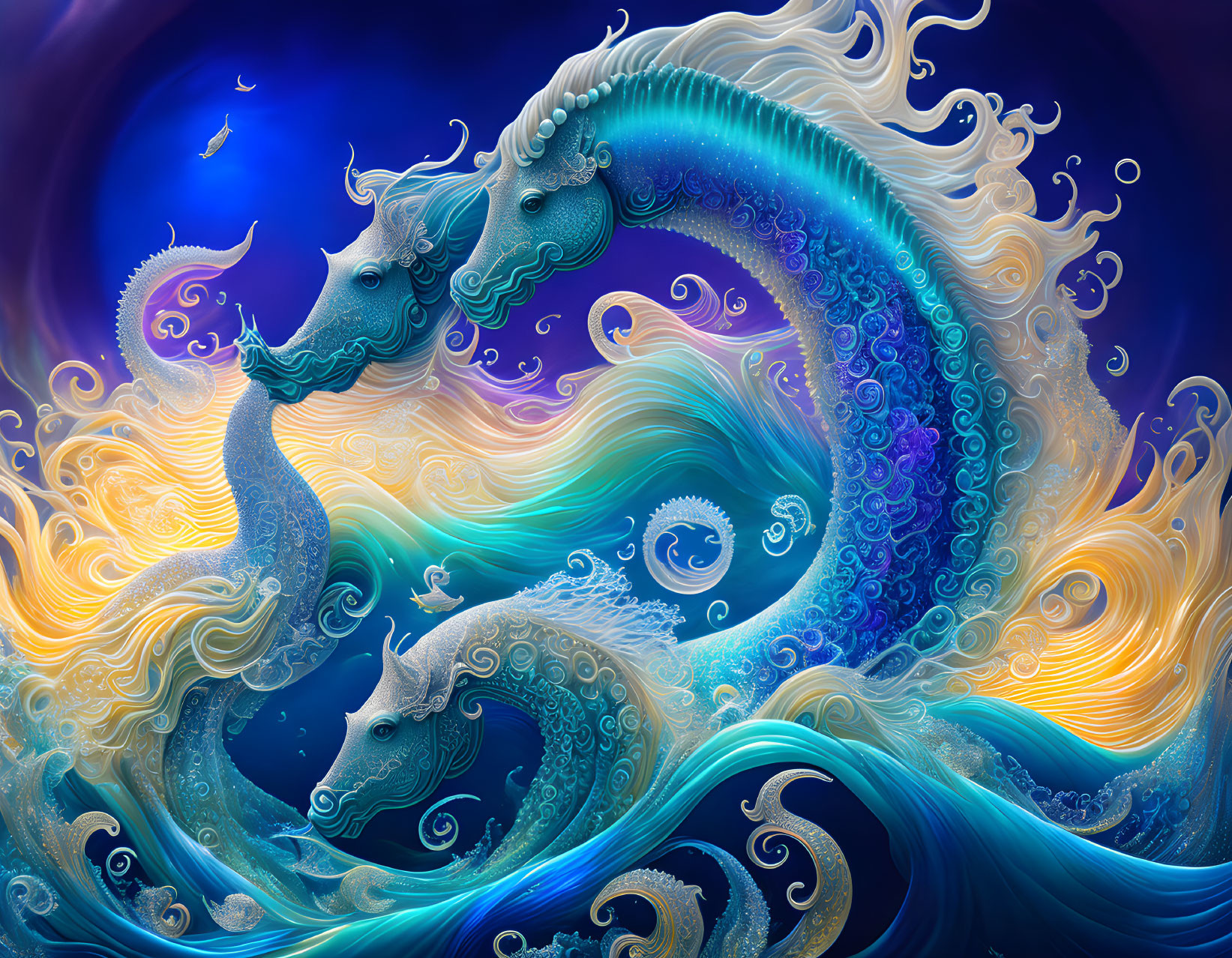 Ornate seahorses in dynamic wave on blue gradient background