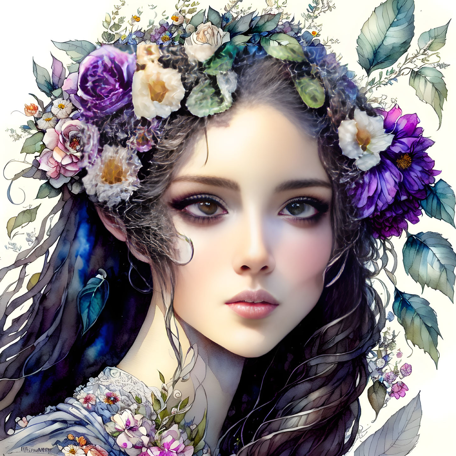 Illustrated female with expressive eyes and floral crown in detailed artwork