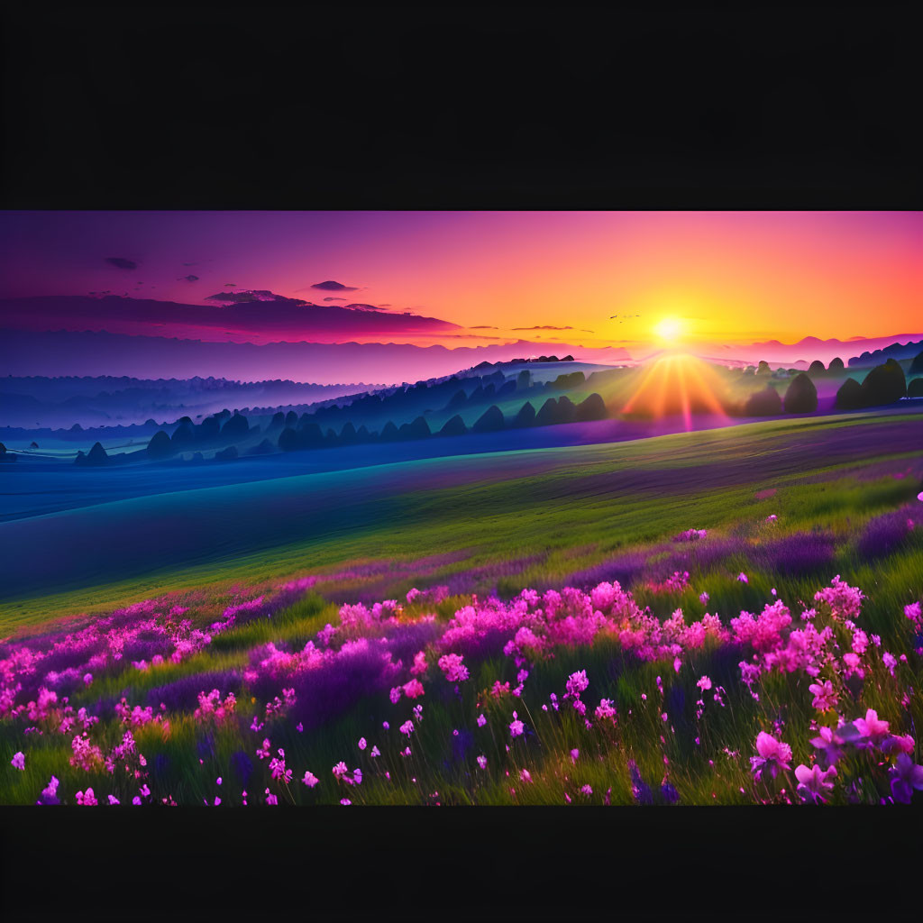 Colorful Sunset Landscape with Rolling Hills and Purple Flowers