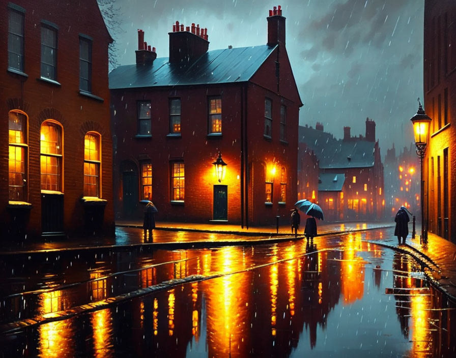 Rainy Evening Scene: People with Umbrellas on Cobblestone Street