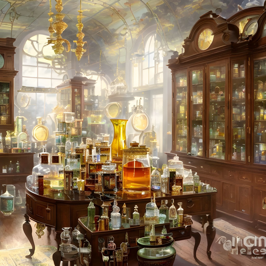 Sunlit room with glass ceilings filled with potion bottles in an ornate setting