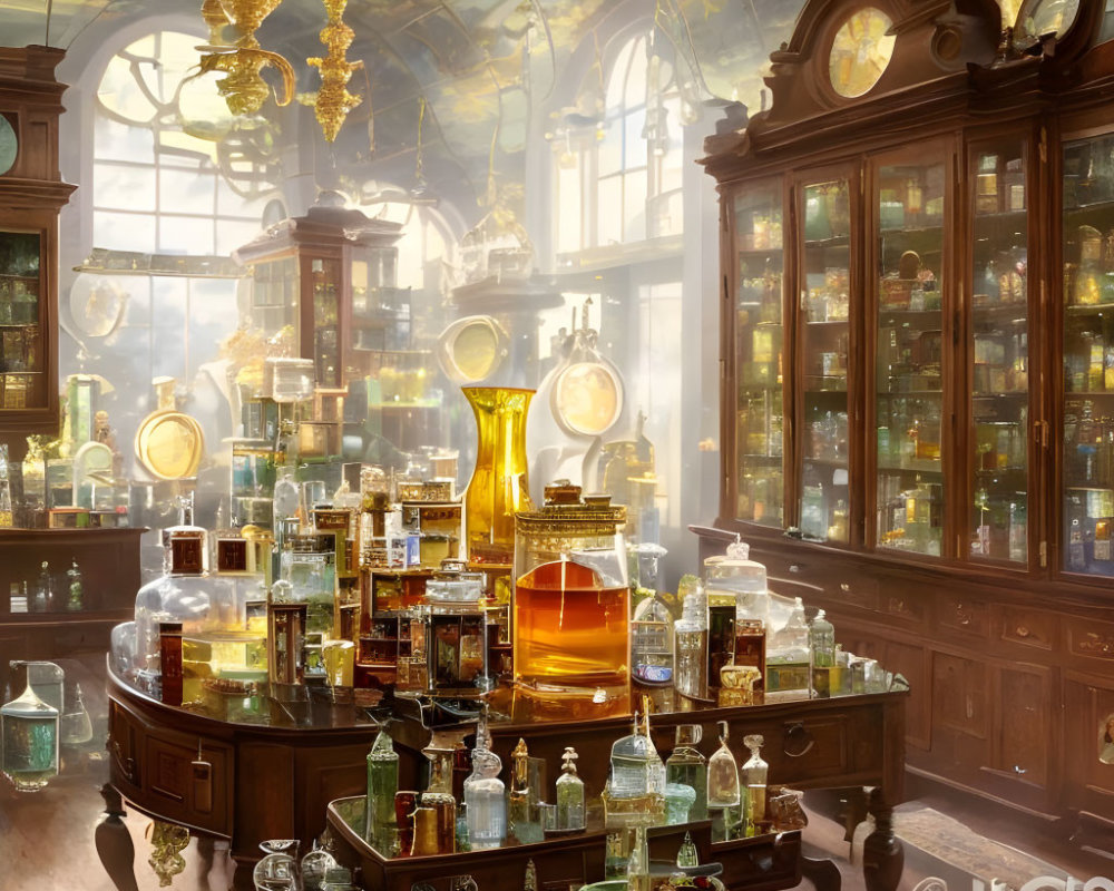 Sunlit room with glass ceilings filled with potion bottles in an ornate setting