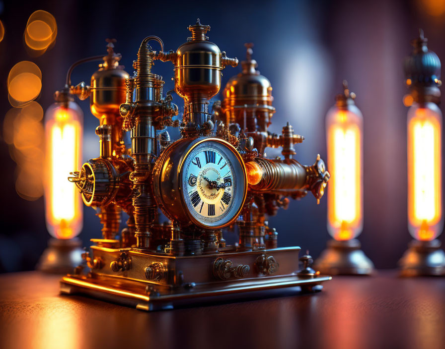 Intricate Steampunk Clock with Glowing Tubes on Dark Bokeh Background