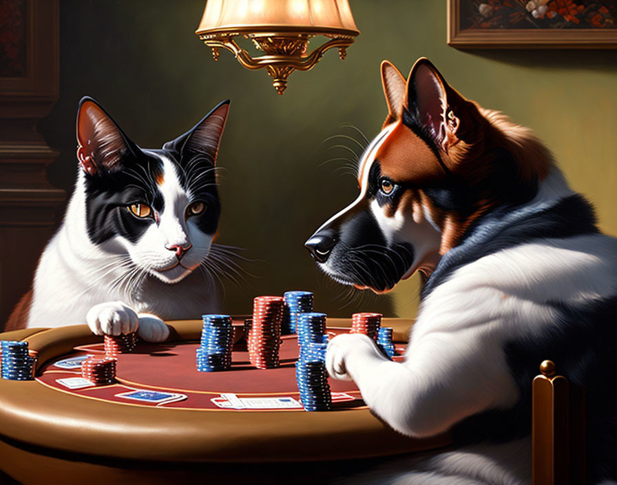 Cat and Dog Playing Poker at Table with Chips and Lamp