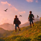 Two backpackers walking on grassy path at sunset with flying birds