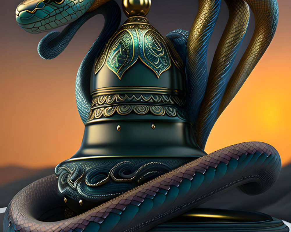 Knight's Armor with Coiled Serpent Design on Dusky Sky Background