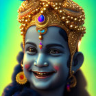 Colorful illustration of Lord Krishna with peacock feather crown and serene expression